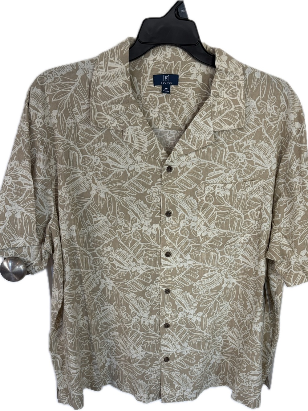 George Men 3XL Floral Hawaiian Camp Party Shirt Short Sleeve Beige